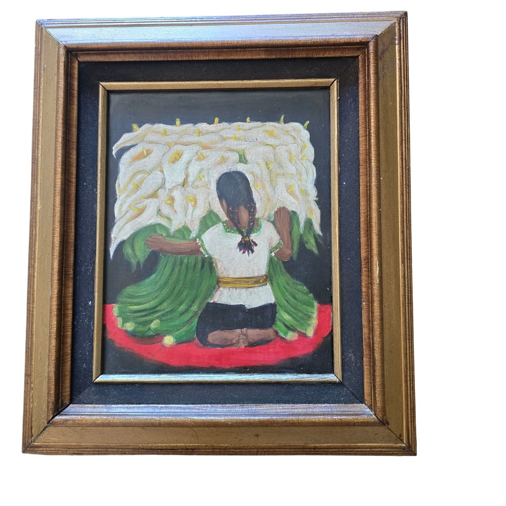 Mexican Folk Art Calla Lily Flower Seller Oil Painting Gold Framed 15x13